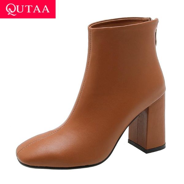 

qutaa 2020 pu кожаные ботильоны super square high каблуки женская обувь на молнии осень заостренный носок мотоциклов повседневный большой ра, Black