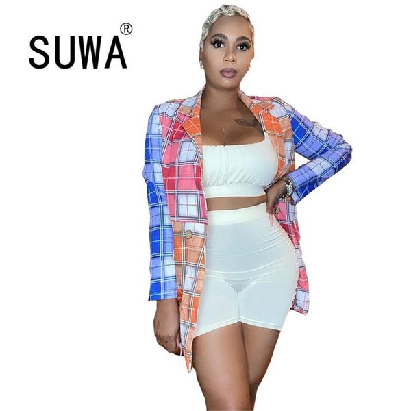 

women's trench coats classic fashion colorful plaid printed long sleeve blazer women blouses slim office wear jacket wholesale product, Tan;black