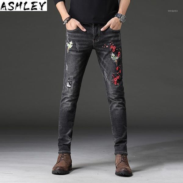 

color 2020 3 new men's white skinny jeans 3d embroidery flower pattern elastic force slim fit trousers male brand pants1, Blue