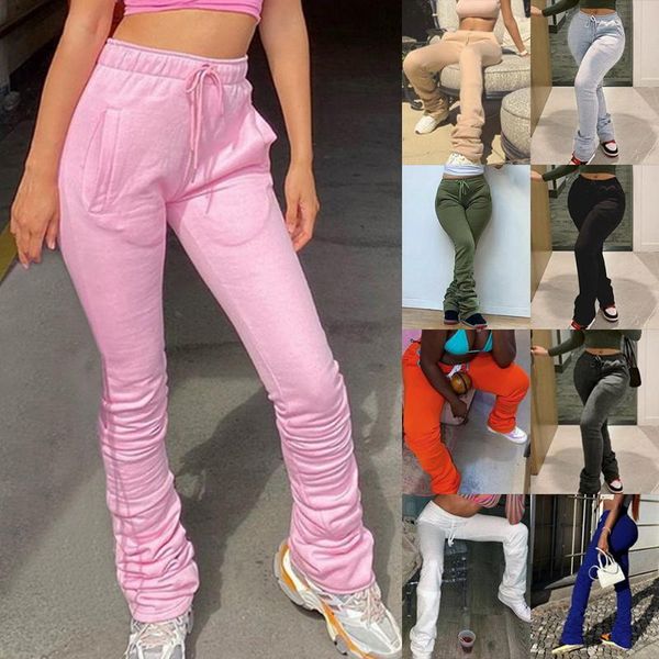 

yoga outfits women spring autumn high waist sweatpants joggers stacked leggings pant trouser slits ladies multi-pocket tight pants, White;red