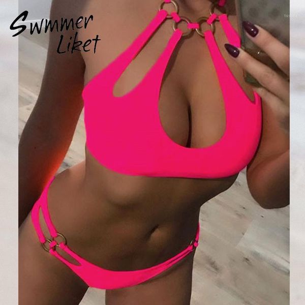 

pink halter swimwear women bathing suit brazilian ring bikinis 2020 mujer bathers high cut swimsuit female swimming suit1, White;black
