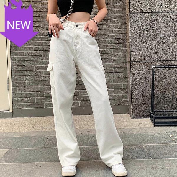 

women's jeans cotton trousers big pocket women clothes blue/black/white fashion loose casual work pants hip hop