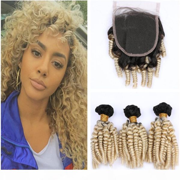 

blonde ombre aunty funmi peruvian virgin hair weaves with closure 3bundles #1b 613 blonde ombre romance curly hair with 4x4 lace closure, Black;brown