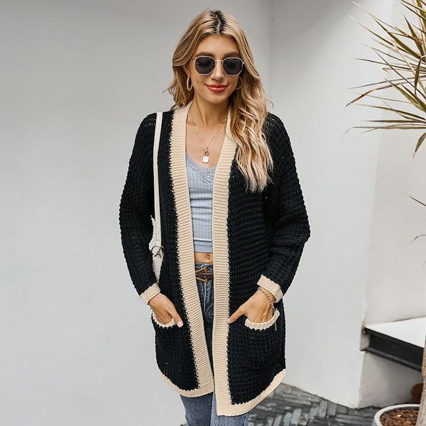 

knitted women cardigan long open front cardigan hollow out pockets thick sweater long sleeve loose coat winter, White