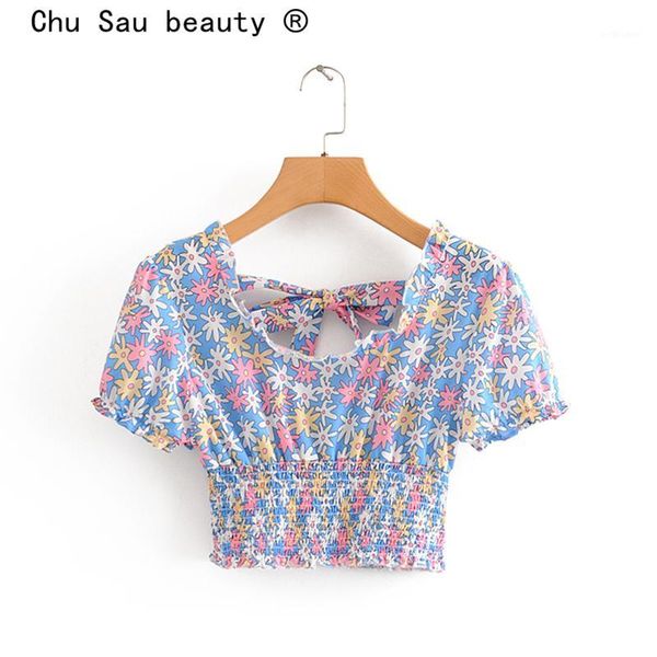 

chu sau beauty new fashion blogger chic daisy print summer women casual style square collar elastic waist blouses female1, White