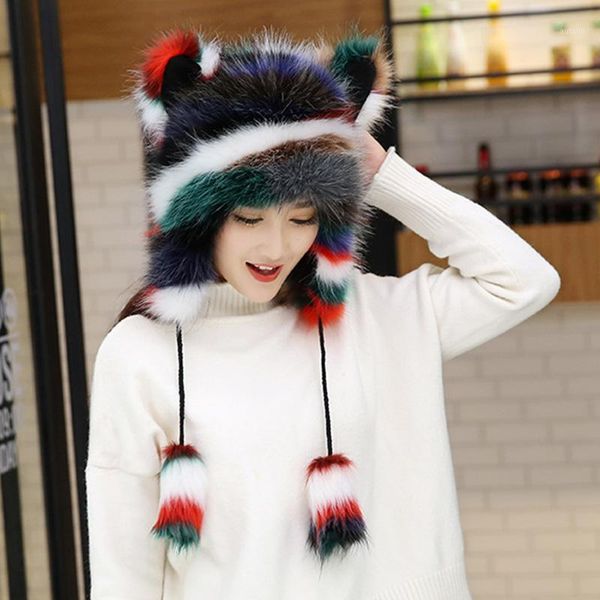 

women winter plush velvet thickening fur hat cute cat ears warm cartoon pompom fur hats soft warm fashion girls beanies1, Blue;gray