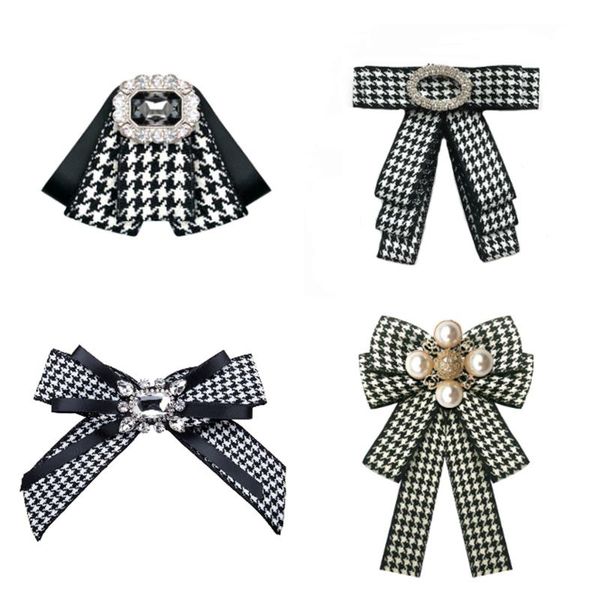 

classic plaid black white fabric bow tie for ladies pearl brooch rhinestone flower shirt collar pin school uniform accessories, Blue;purple