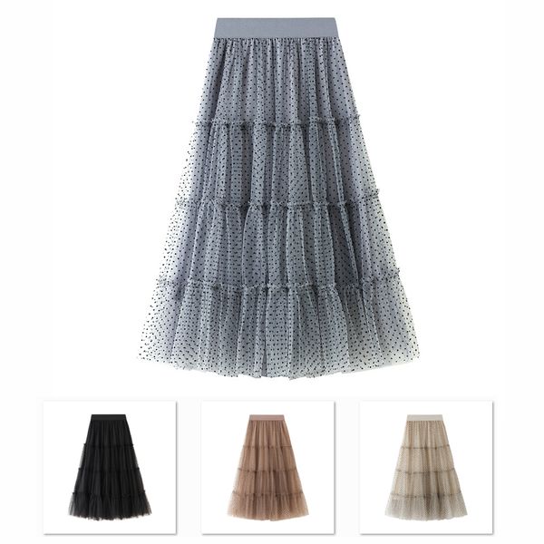 

spring autumn new tide fashion the arts female student woman winter vintage tulle polka dot midi skirts girl pleated skirt y1214, Black