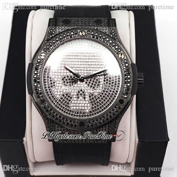 

wwf classic hub1112 automatic mens watch pvd all black full diamond case paved diamond skull dial black rubber edition pthb puretime d4, Slivery;brown