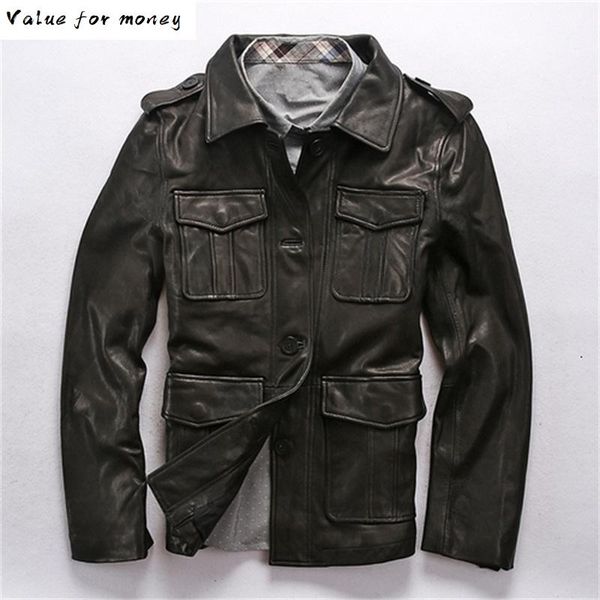 

men's 2020 genuine leather multi-pocket jacket large size soft sheepskin coat autumn winter warm jacket for male, Black