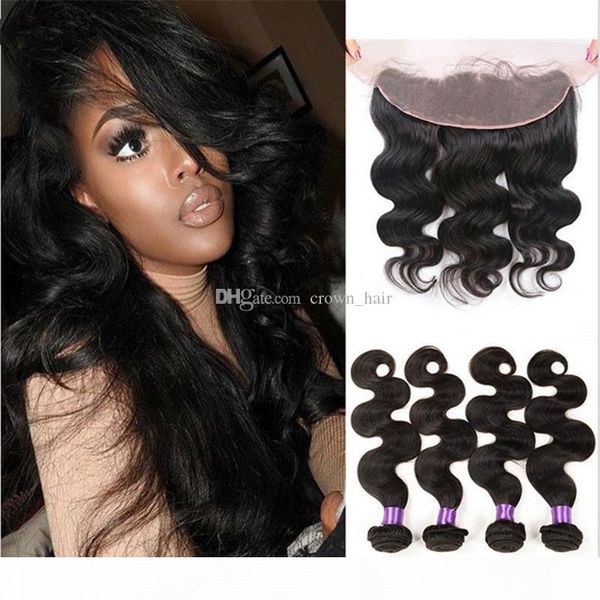 

selling body wave hair bundles with lace frontal part ear to ear full lace frontals with hair extensions, Black
