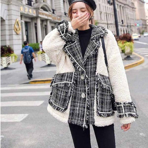 

women winter faux fur coat woman warm patchwork lamb blazer jacket1, Black
