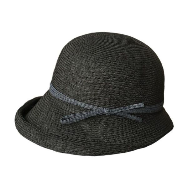 

wide brim hats women hepburn retro sun hat contrast color bowknot roll foldable bucket cap 28gd, Blue;gray