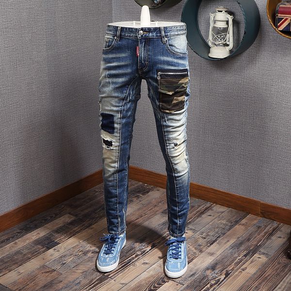 

2021 new fashion streetwear blue slim fit elastic ripped men patch pocket designer pants hip hop jeans homme 009j