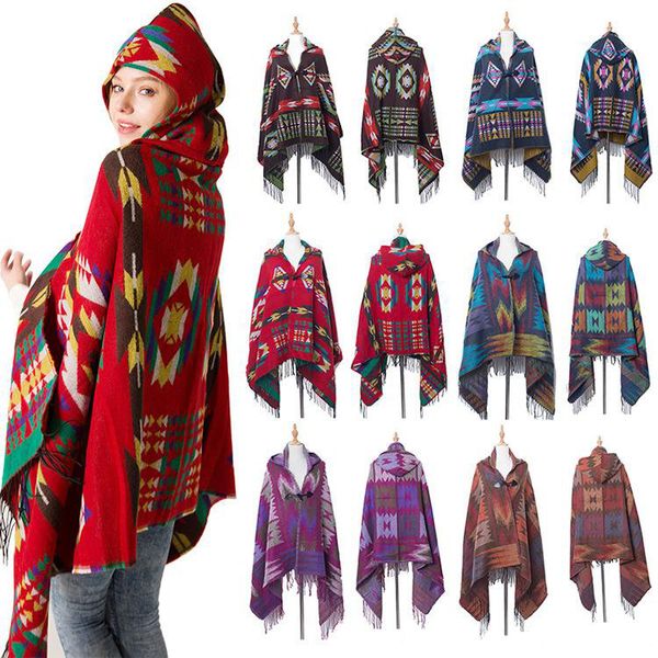 

women horn buckle poncho fashion ethnic style hooded cape lady winter warm bohemian shawl outdoor tassel blanket cloak st629, Blue;gray