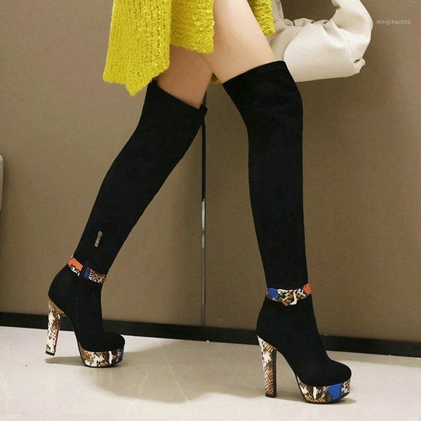 

boots 2021 faux suede women over the knee platform square high heel ladies long short plush autumn winter shoes1, Black