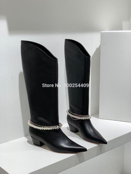 

boots 2021 autumn winter women's genuine leather long casual fashion pearl rhinestone high, Black