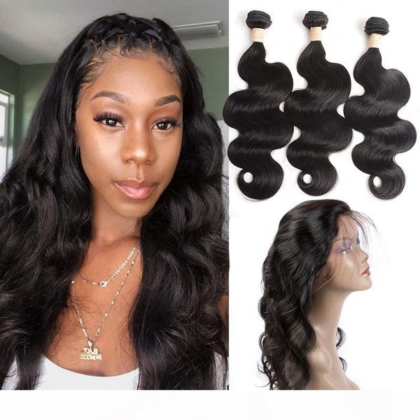 

indian raw virgin hair extensions with 360 lace frontal pre plucked body wave bundles with 360 frontal human hair 8-30inch, Black;brown