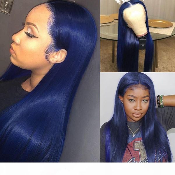 

dark blue human hair lace front wigs 180% density pre plucked 13*4 colored lace wig brazilian remy for black women bleached knot, Black;brown