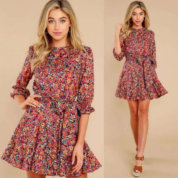 

round neck floral lace up fresh and sweet short dress, Black;gray