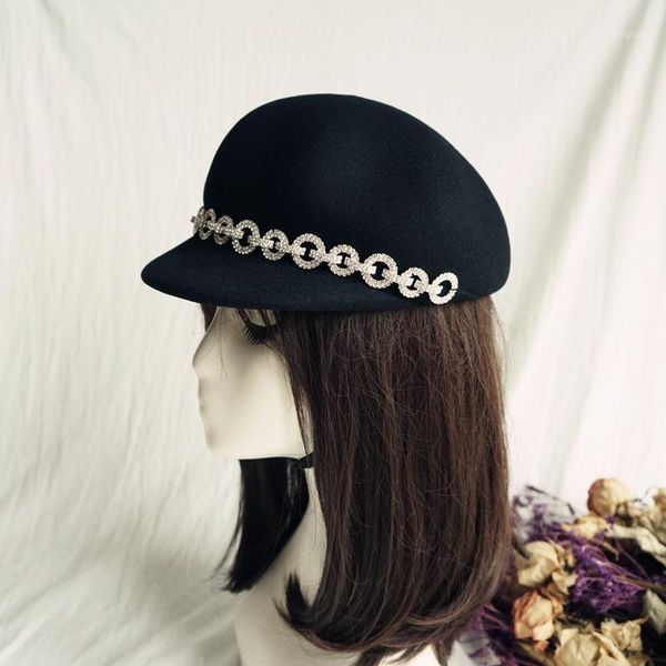 

stingy brim hats 202109-panshi-japan order black wool ring drill chain solid leisure lady octagonal hat women visors cap1, Blue;gray
