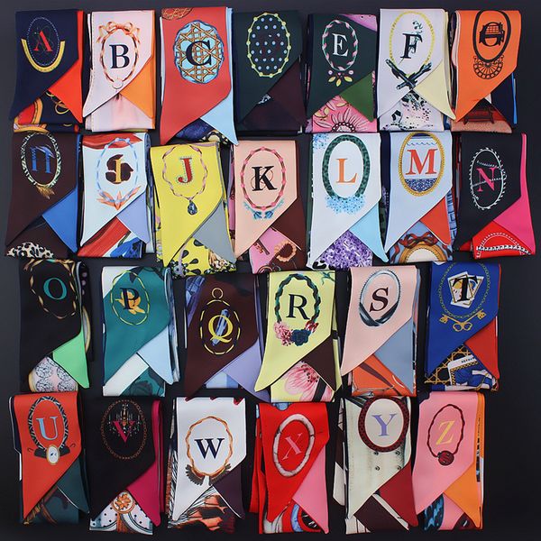 

100*6cm small silk scarf a to z 26 letters letter women scarrves & wraps for bags female ribbon neck belt hair bands multifunction scarf, Blue;gray