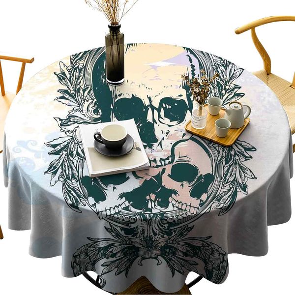 

wipeable round table cover scary deadly rocker skeleton head trio with frames from leaves image