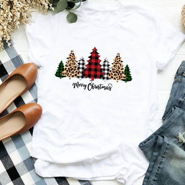 

women lady tree leopard plaid short sleeve autumn winter merry christmas tshirt female graphic clothes shirt t tee t-shirt, White