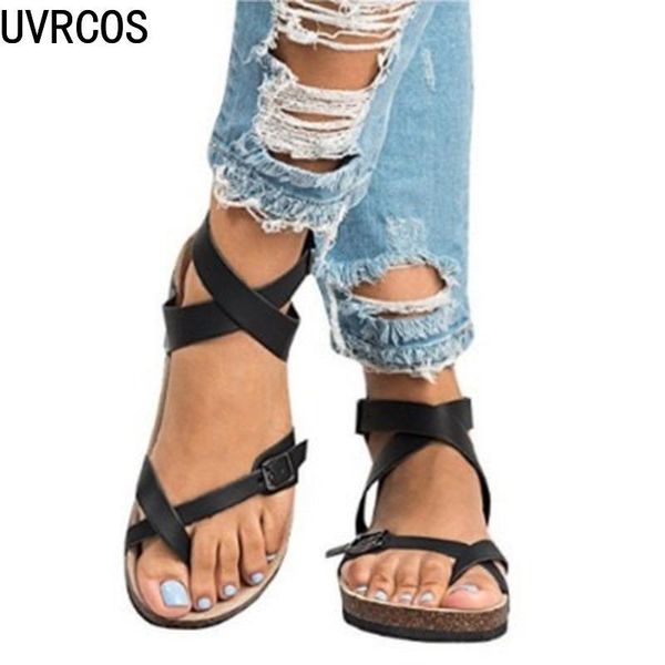 

2021 women's summer sandals fashion gladiator women's shoes new casual solid flat buckle lace-up sandals, Black
