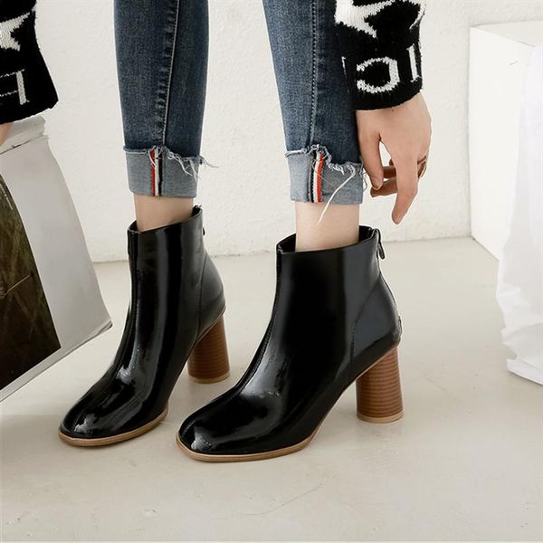 

boots plus size 34-48 women high heels shoes zipper ankle autumn winter patent leather snow boot party fashion, Black