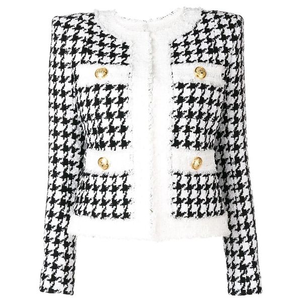 

autumn winter baroque designer jacket women's color block zip houndstooth fringed tweed jacket overcoat 201210, Black;brown