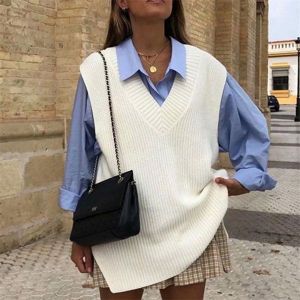

white v-neck coat vest winter cosy sleeveless loose women's pullover streetwear casual soft sweater 2021 new1, Black;white