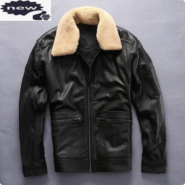 

men's leather & faux zipper coat for male fashion casual mens sheepskin genuine short jacket pilot fur collar black size 2xl