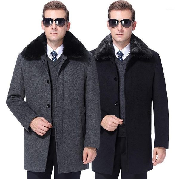 

2020 cashmere coat middle aged and elderly men's fur collar mid length autumn and winter father's woolen coat1, Black