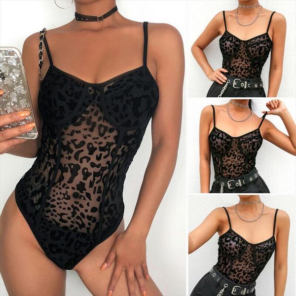 

women lace leopard print see through mesh strappy bodysuit stretch playsuit party drop shipping good quality, Black;white