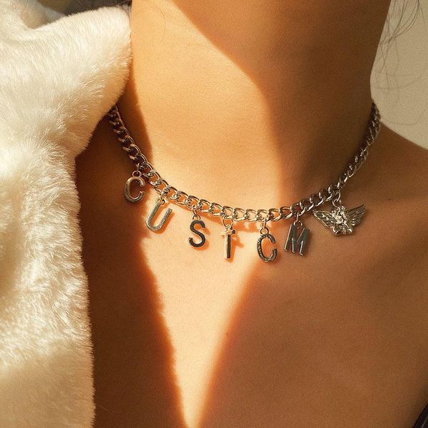 

chokers trendy creative thick chain letter charms pendant choker necklace women geometric chocker collar jewelry xr2832, Golden;silver