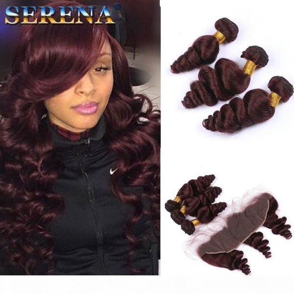 

selling dark root ombre hair bundles with lace closure human burgundy 99j loose wave hair bundles with ear to ear 13x4 frontal closure, Black;brown