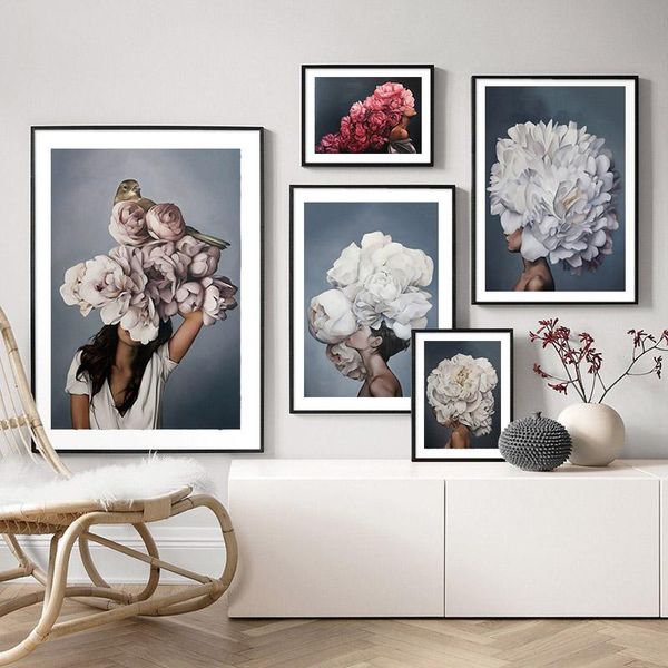 

abstract home decoration feather flower woman head nordic painting wall art print modern poster canvas cuadros modular picture
