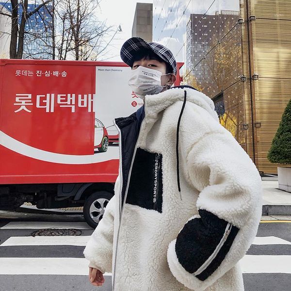 

boutique winter 2020 new lambs wool hooded contrast coat youth winter men's loose and versatile cotton padded jacket1, Black