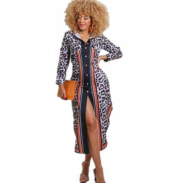 

fashion leopard print cardigan blouse dresses for women full sleeve mid calf 2021 irregular streetwear party vestidos dress, Black;gray
