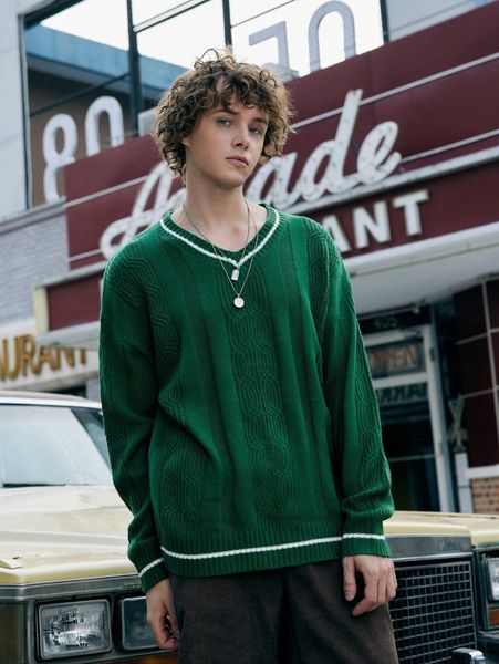 

romwe guys contrast binding cable knit sweater z9op#, White;black