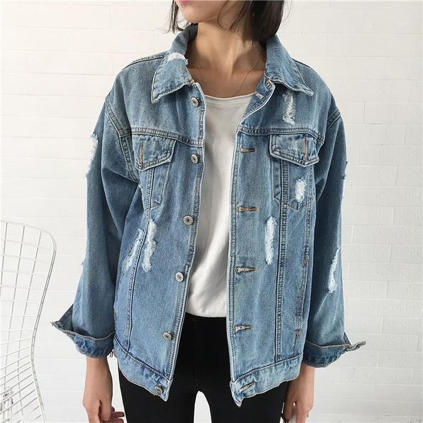 

spring loose wash cowgirl denim jacket female thin torn ripped jacket neck women long sleeve button girls coat streetwear1, Black;brown