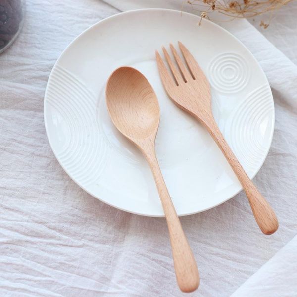 

natural wooden spoon & fork dinner kit soup-teaspoon tableware portable tableware fork spoon kitchen cooking utensil tools #