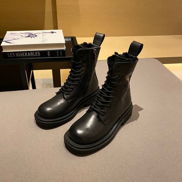 

designer womens boots luxury black lace-up side zipper with fluff round head flat heel with box size 35-40
