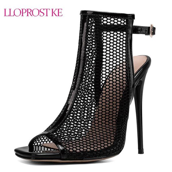 

lloprost ke 2021 women fetish stripper sandals ankle boots stiletto high heels mesh rome gladiator peep toe summer shoes, Black