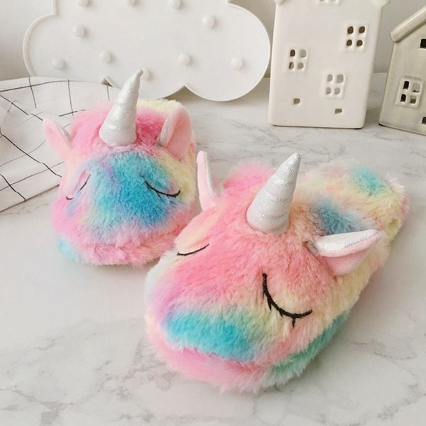 

2019 new cute colorful velvet unicorn plush shoes women home indoor winter rainbow unicorn slippers waterproof non-slip shoes y200706, Black