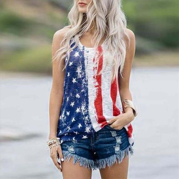 

sleeveless women t shirt american 4th of july tee shirt flag print summer striped camisetas verano mujer dropshipping c, White