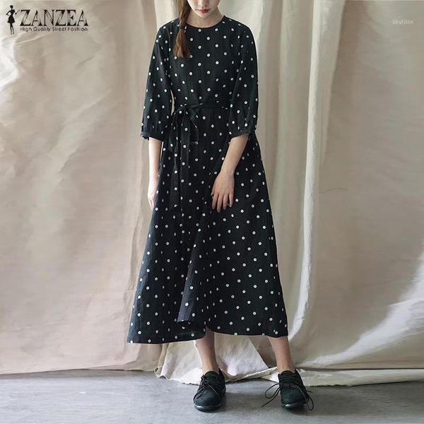 

casual dresses 2021 zanzea summer party sundress fashion polka dots dress women short puff sleeve print long vestidos female tunic robe1, Black;gray