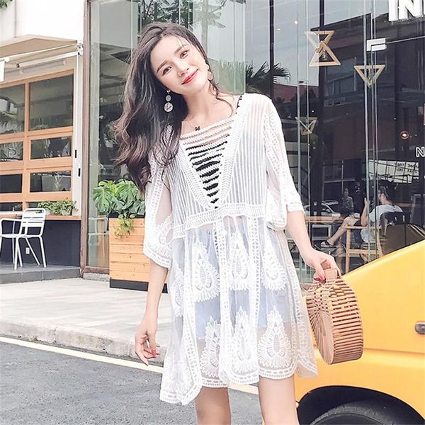 

women's swimwear saida de praia sheer lace bikini cover up beach dress vestido v neck backless hollow mesh swimsuit white women, White;black