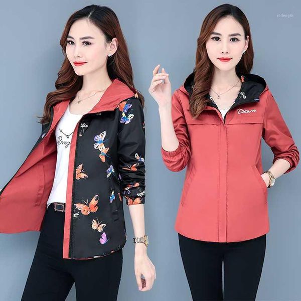 

2020 spring autumn jacket women plus size fashion hooded two side wear cartoon print windbreaker women casual outwear tide g2101, Black;brown